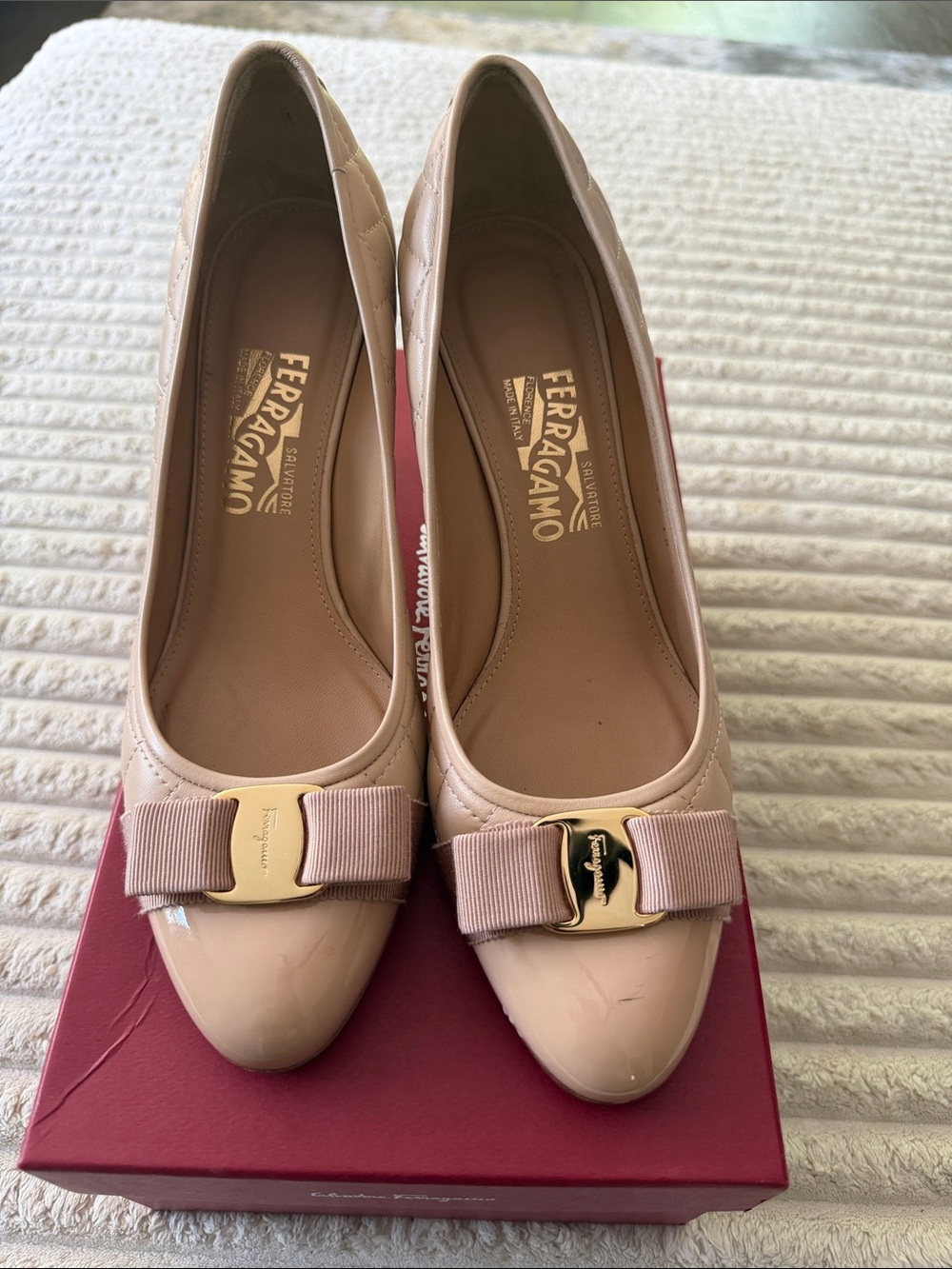 Salvatore Ferragamo Blush Patent Leather Vara Bow Pumps
